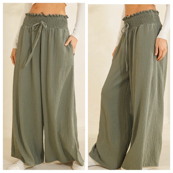 Boho Smocked Waist Wide Leg Pants - Picture 3 of 3